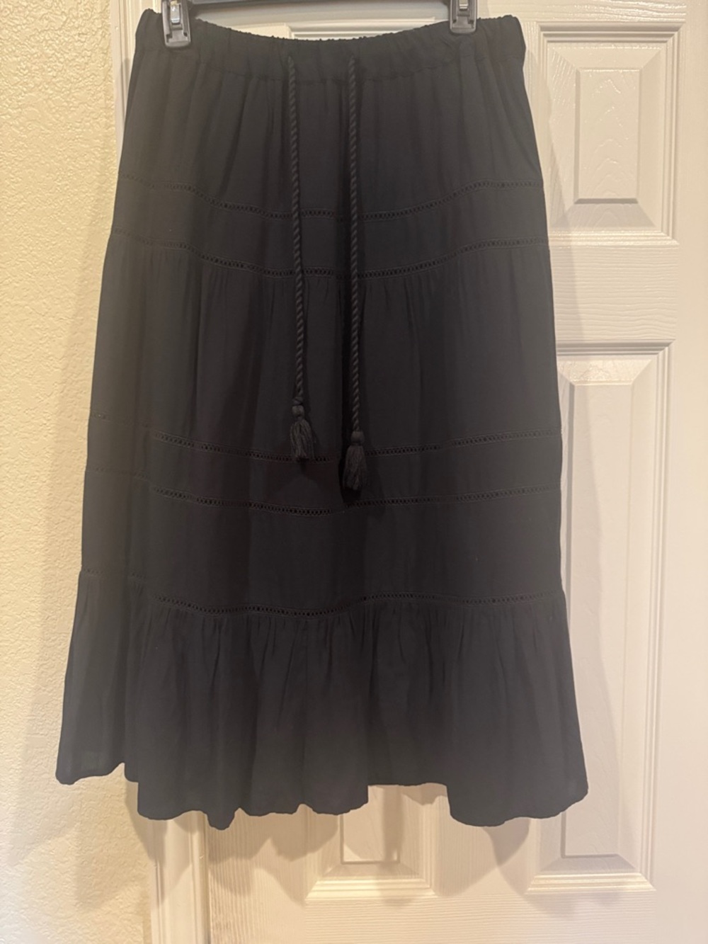 LOFT Black Tiered Midi Skirt with Drawstring Waist